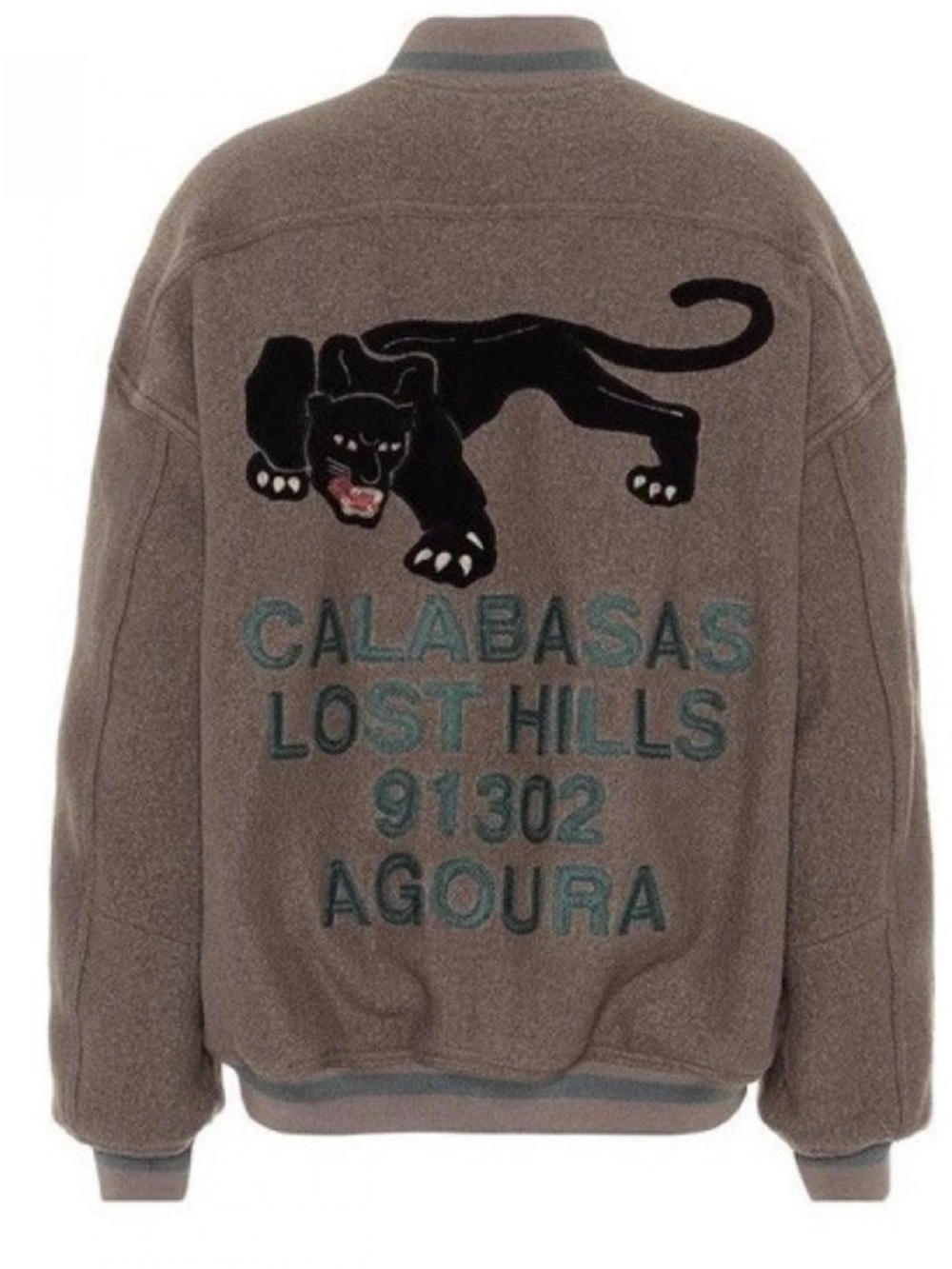 Yeezy Season 5 Calabasas varsity jacket with Black Panther and Teal Embroidery